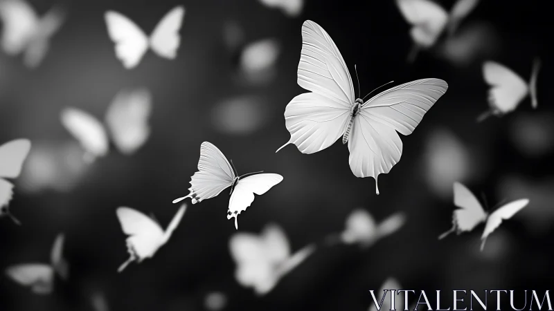 White butterflies glide through soft monochrome depth field