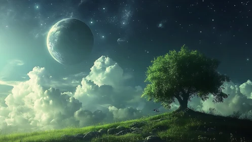 Lone hilltop tree under vast alien sky and planet.