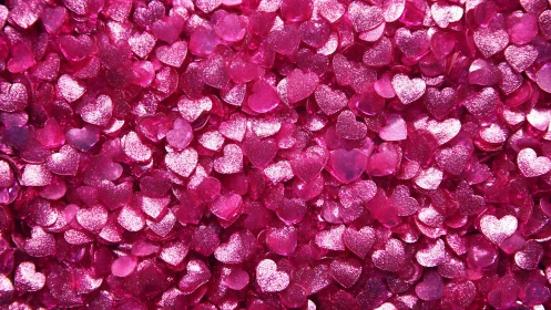 Closeup of dense pile of shiny pink heart confetti.