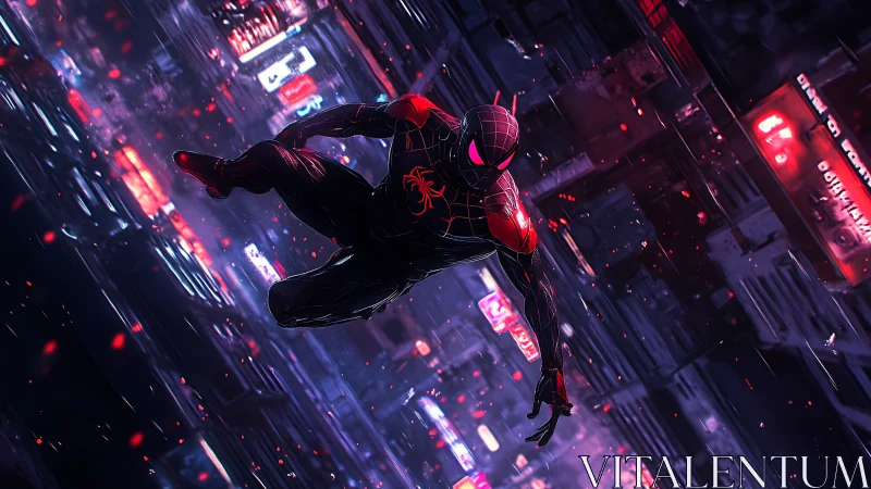 Masked hero leaping through neon city canyon at night.