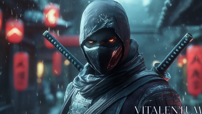 Hooded cyber ninja stands in neon rain with blazing eyes