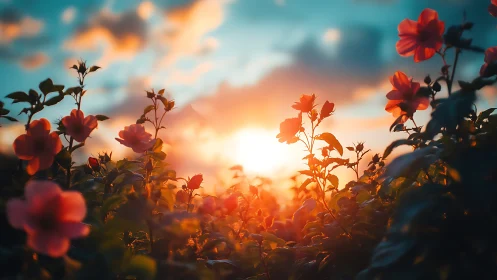 Radiant Red Flowers Glowing in Golden Sunset Light