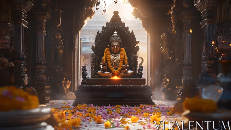 Stone deity statue sits in ornate temple lit by soft sunlight