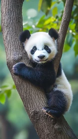 Young panda grips vertical tree trunk in forest habitat