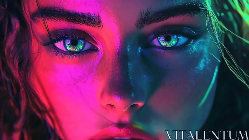 Neon-lit female portrait with iridescent eyes and hard rim lighting