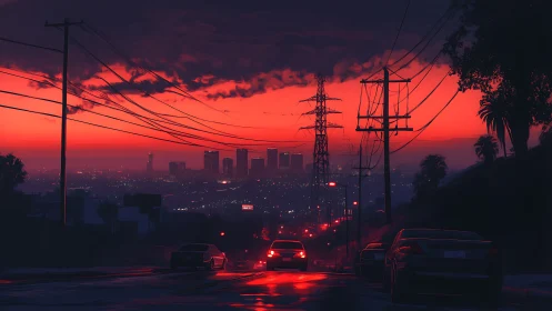 Crimson sunset descends over neon-lit city boulevard.