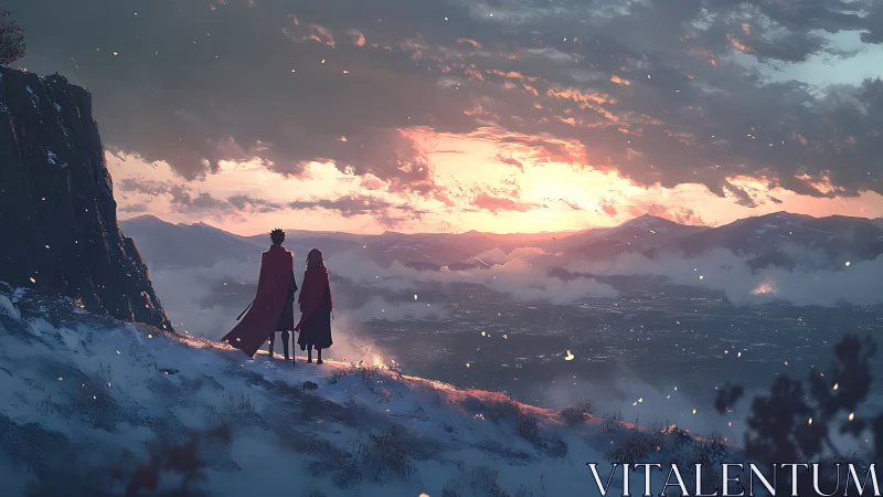 Figures on snowy cliff edge observing distant valley at dusk.