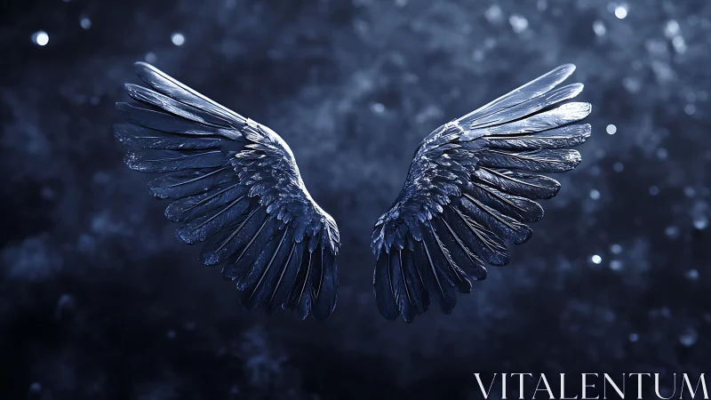 Dark metallic angel wings spread on deep blue background.