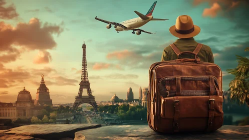 Backpacker overlooking Paris skyline with low flying airliner