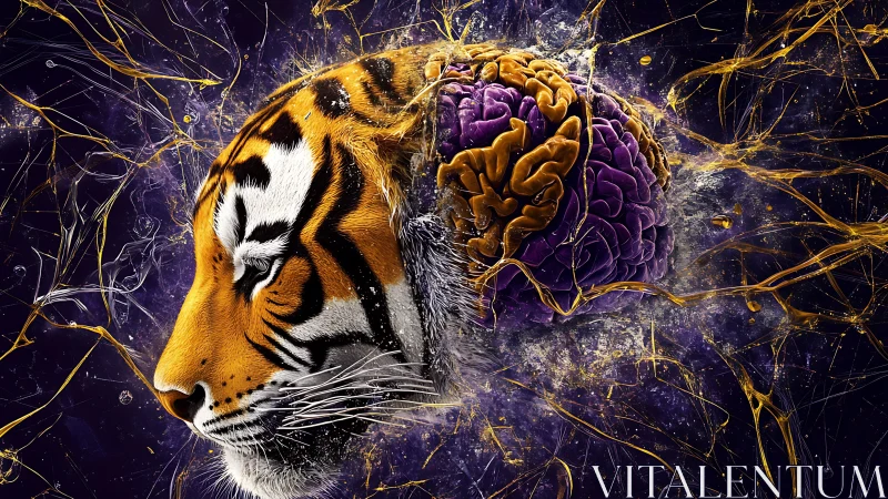 Tiger profile merged with exposed brain in abstract field.