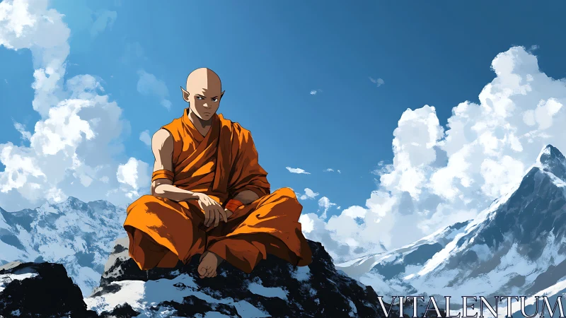 Calm monk resting in bright orange robes above snowy peaks.