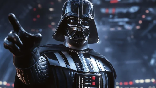 Dark masked figure reaching out in a glowing starship hall.