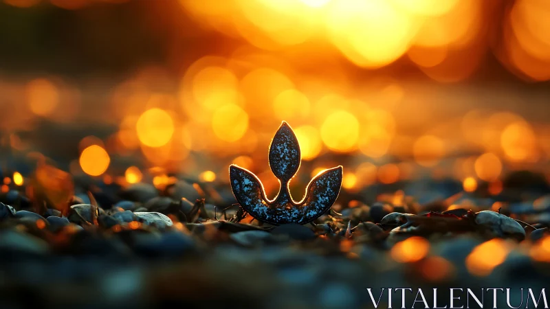 Macro bokeh composition with stylized leaf emblem centerpiece.