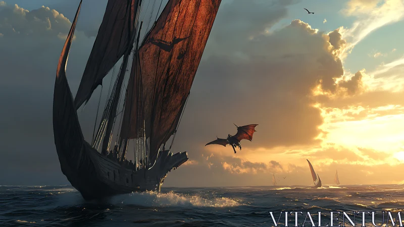 Sunlit dragon ship under dynamic clouds and wind-driven sails
