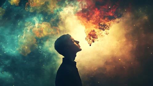 Side profile silhouette with abstract multicolor smoke cloud.