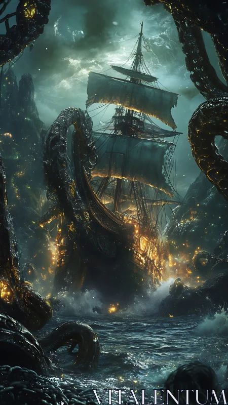 Haunted pirate ship battling a glowing sea monster storm.