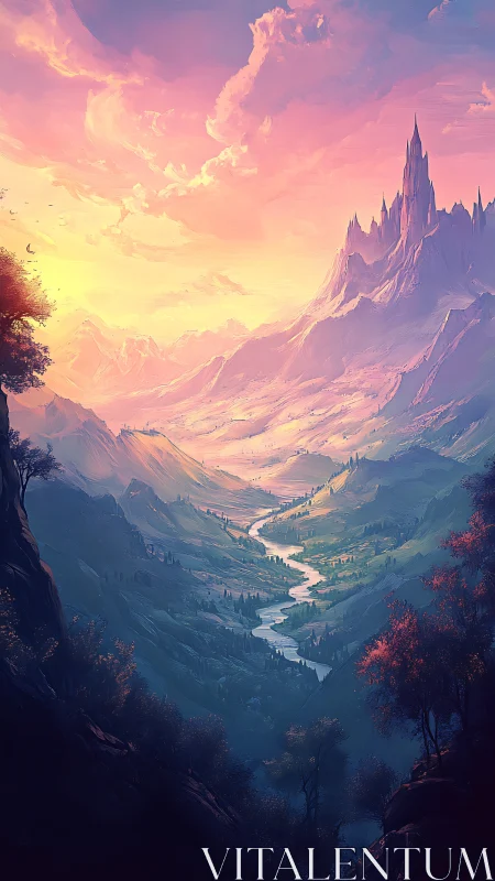 Sunset river curls toward the spired citadel of cloudlight