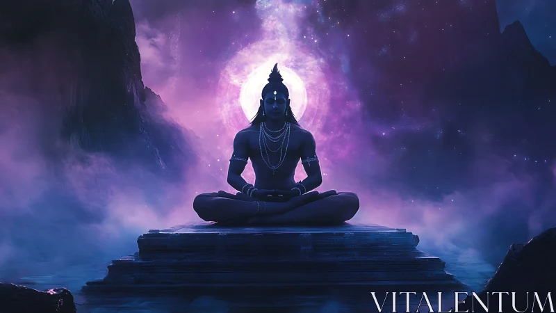 Cosmic yogic deity silhouette in luminous nebula halo