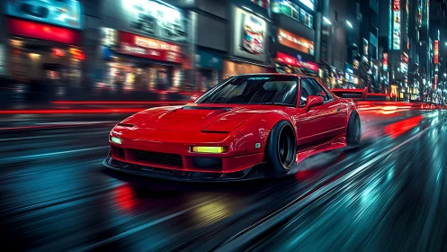 Red modified sports car drifts through wet neon city street