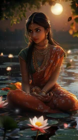 Serene woman in sari seated among lotus flowers at dusk.