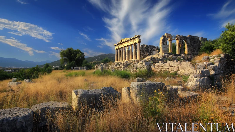 Sunlit classical temple ruins in dry grassland under dynamic sky.