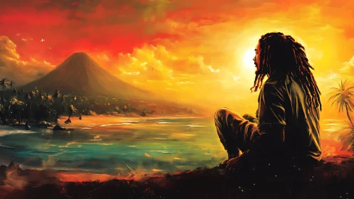 Sunlit drifter watching volcanic shores breathe in gold.