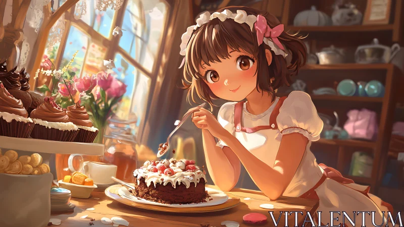 Smiling young baker decorating cake in cozy sunlit bakery.