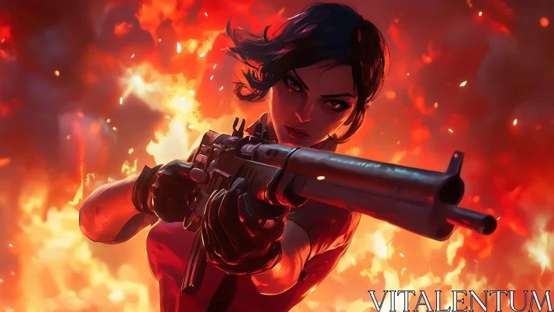 Armed woman advances through blazing inferno with shotgun raised