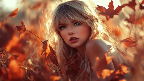 Hyperreal portrait of blonde woman in shallow depth autumn bokeh