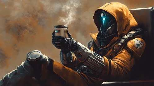 Relaxed space wanderer savoring a quiet coffee break.