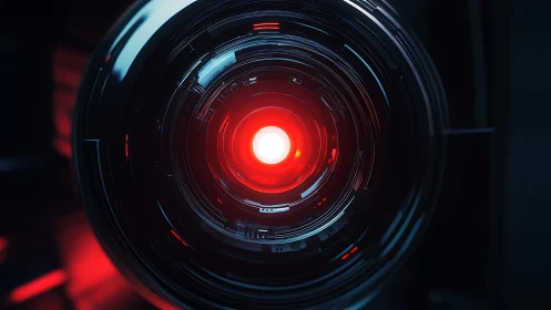 Red illuminated robotic camera lens in dark circular housing.