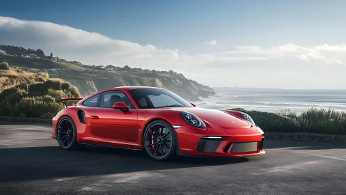 Sunlit red sports coupe pausing for breath by the sea.