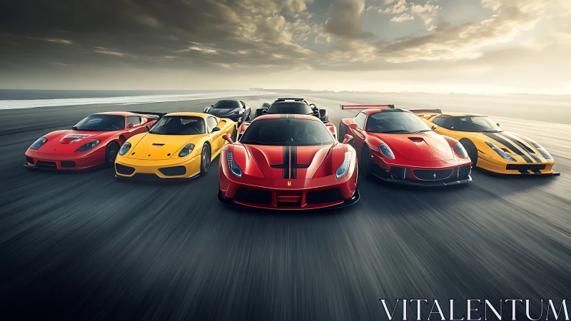 Lineup of exotic sports cars racing on open coastal track.