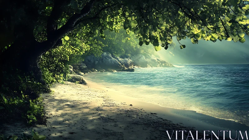 Sunlit jungle cove where emerald leaves kiss the sea.