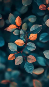 Orange and teal foliage on dark blurred botanical background.