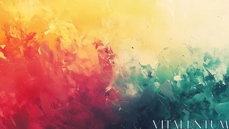 Vibrant abstract painting with warm and cool color gradients.