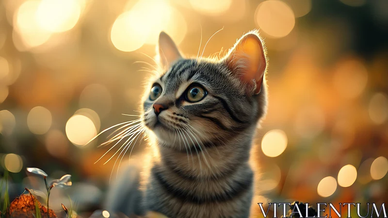 Alert Tabby Cat Gazing Upward in Golden Bokeh Light