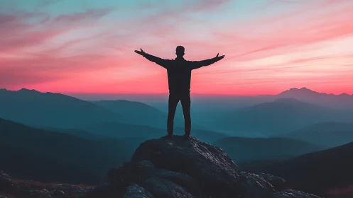 Silhouette on summit against gradient sunset sky, wide format.