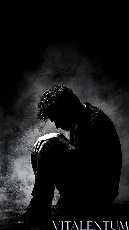 Quietly reflective figure resting in a pool of shadow.