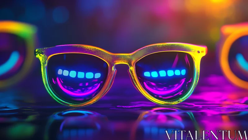 Neon sunglasses with glowing reflections on wet surface.