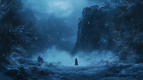 Lone wanderer confronting a frozen abyss beneath stormlit skies.