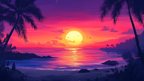 Tropical coastline at sunset with silhouetted palm trees.