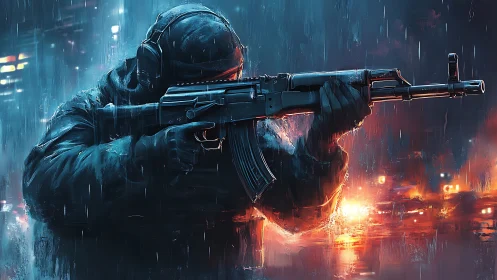 Hooded rifleman in neon rain-soaked urban battlefield.