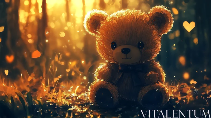 Luminous forest teddy bear under cinematic golden bokeh glow.