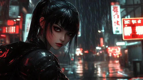 Neon night assassin in rain-soaked cyberpunk alleyway.