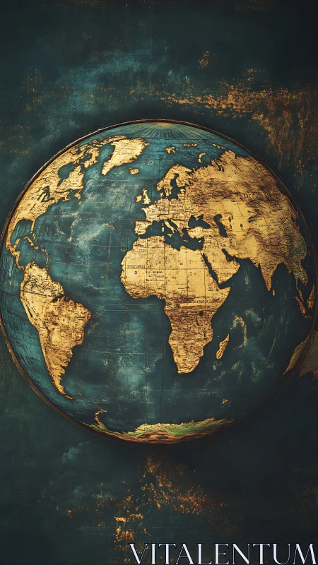 Vintage style world map globe on distressed teal background.