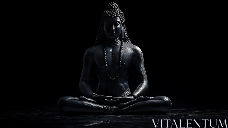 Black meditative Buddha statue sits in deep shadow contrast