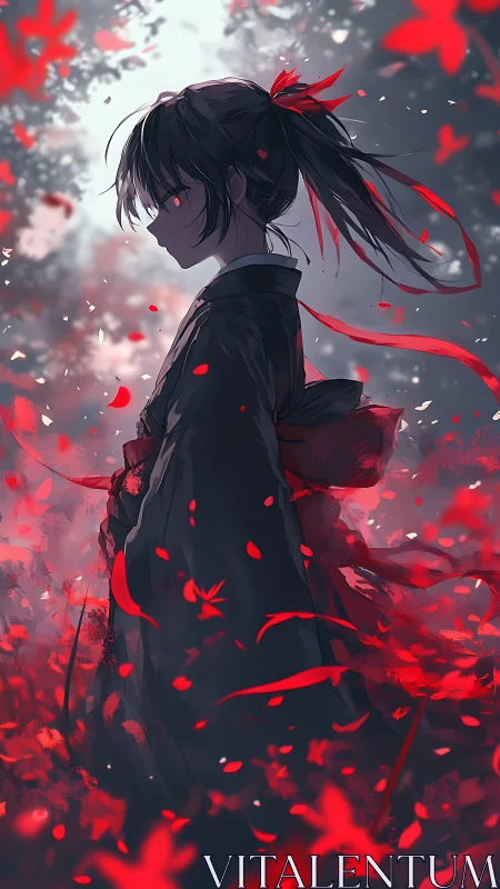 Solitary girl in dark kimono stands amid swirling red leaves