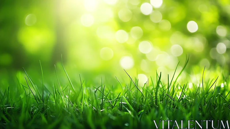 Vibrant green grass with sunlit bokeh background, nature macro shot.