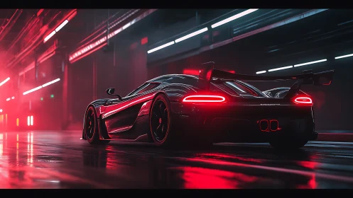 Midnight hypercar stalking neon reflections in red fog.